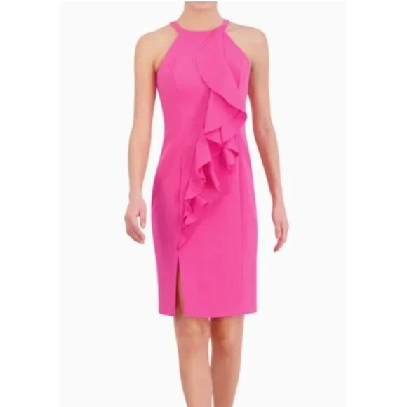 Vince Camuto New Feminine Crepe High Neck Ruffle Front Sheath Dress  Pink Sz 8 - Picture 1 of 7